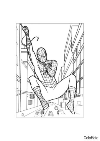 Бесплатная раскраска Человек-паук летит по городу - Человек-паук