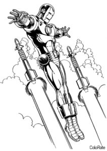 Iron Man уворачивается от ракет - Железный человек распечатать раскраску на А4