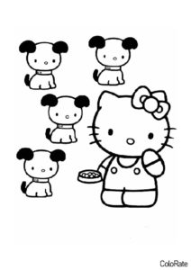 Hello Kitty распечатать раскраску - Время кормить щенят