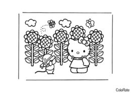 Среди подсолнухов - Hello Kitty распечатать раскраску на А4