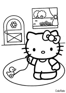 Hello Kitty распечатать раскраску на А4 - Уточка на веревке