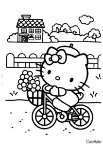 Распечатать раскраску Хелло Китти на велосипеде - Hello Kitty