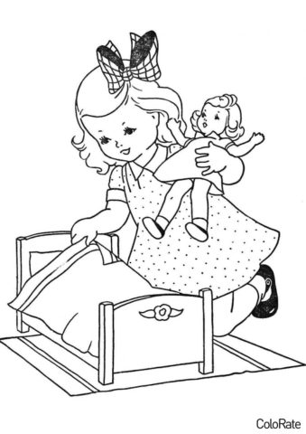 Куклы бесплатная раскраска - Девочка укладывает куклу в постель