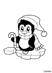 Пингвины распечатать раскраску - Новогодний пингвиненок с конфетой