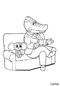 Чебурашка с Геной на диване распечатать раскраску - Чебурашка