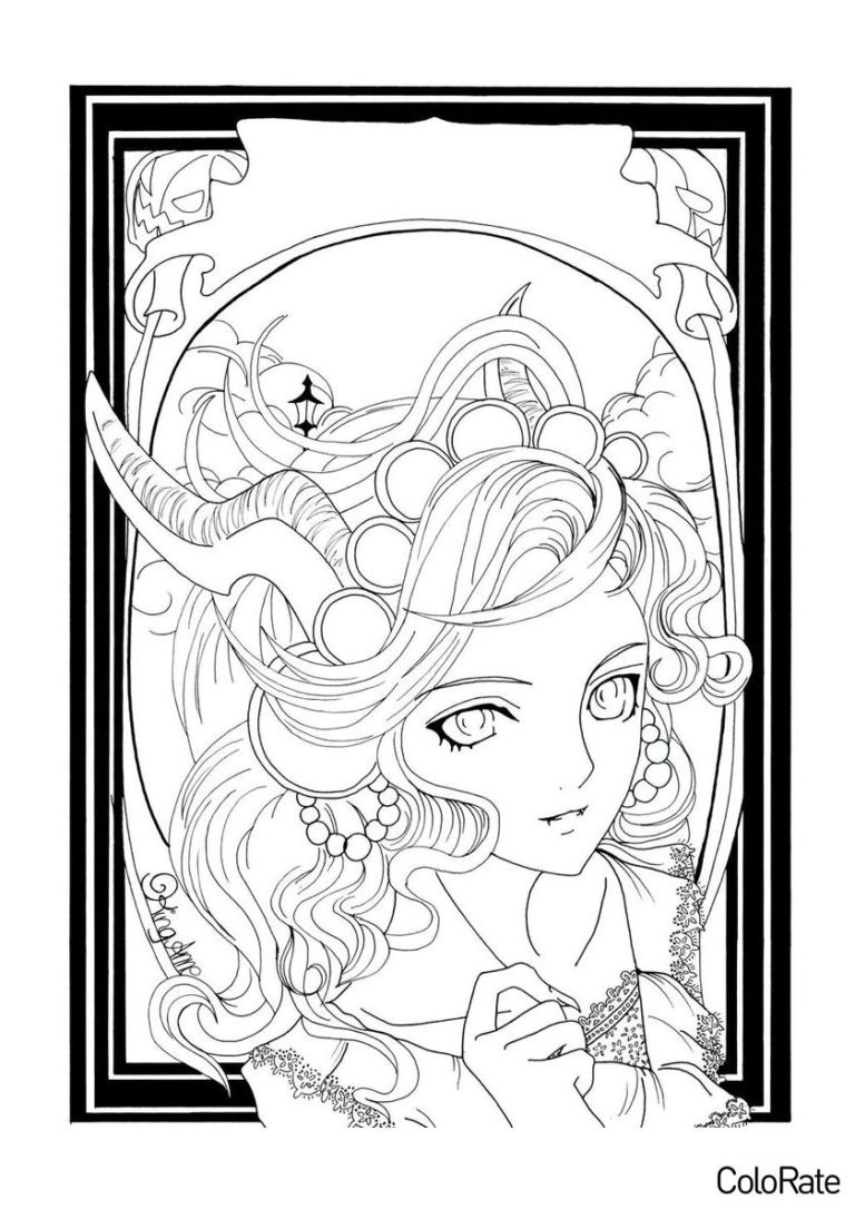 Раскраска Аниме девушка с рогами распечатать - Эстетика