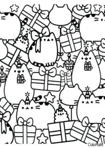 Новогодний узор из котиков раскраска распечатать бесплатно на А4 - Pusheen Cat