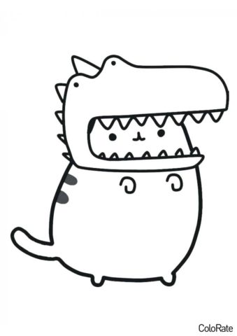 Бесплатная раскраска Пушин в маске динозавра распечатать на А4 - Pusheen Cat