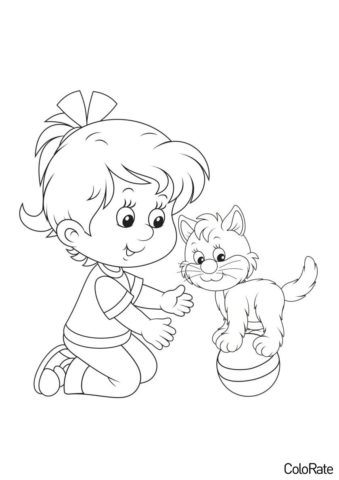 Девочка играет с котенком раскраска распечатать бесплатно на А4 - Для детского сада
