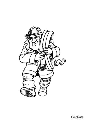 Серьезный пожарный со шлангом - Пожарный раскраска распечатать на А4
