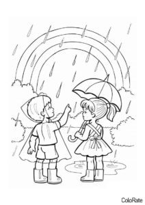 Мальчик и девочка под дождем - Радуга бесплатная раскраска