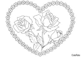 Кустик розы в сердечке - Букет цветов бесплатная раскраска