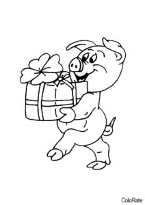 Бесплатная раскраска Поросёнок с подарком распечатать на А4 и скачать - Свинки, поросята