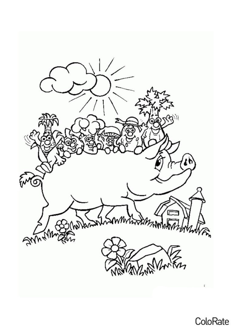 Раскраска Свинья и овощи распечатать - Свинки, поросята