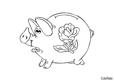 Раскраска Свинья-копилка с цветочком распечатать на А4 - Свинки, поросята