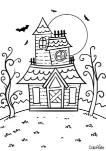 Разукрашка Жуткий дом на Хэллоуин распечатать и скачать - Домики