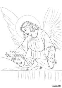 Разукрашка Ангел-хранитель заботится о сне малыша распечатать и скачать - Ангел