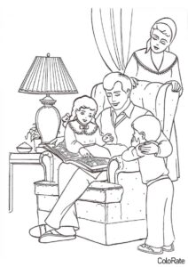 Семья распечатать раскраску - Отец читает детям