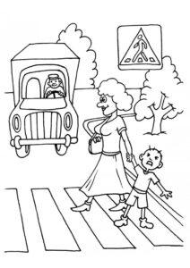 Правила дорожного движения бесплатная раскраска распечатать на А4 - Мама переводит ребенка через дорогу