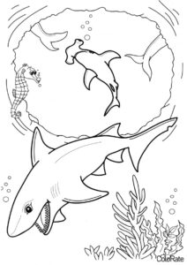 Морские раскраски бесплатная разукрашка - Акулы на глубине