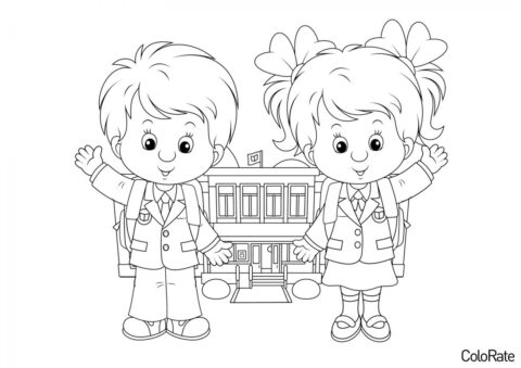 1 сентября распечатать раскраску - Мальчик и девочка на фоне школы