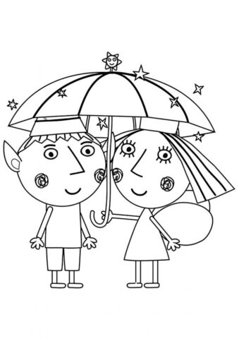 Бен и Холли под зонтиком раскраска распечатать и скачать - Для детей 4-5 лет