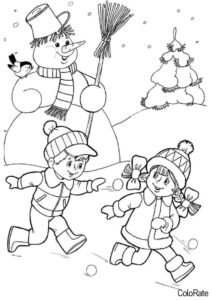 Игра в снежки распечатать раскраску - Для детей 6-7 лет