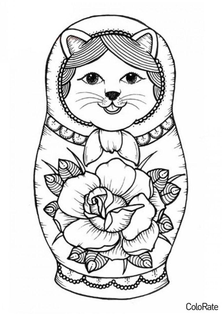 Раскраска Матрёшка-котик распечатать - Матрешка