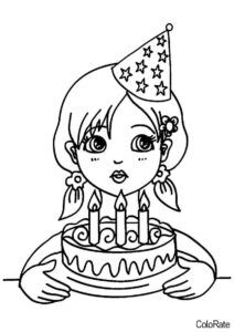 Девочка с тортиком бесплатная раскраска - День Рождения