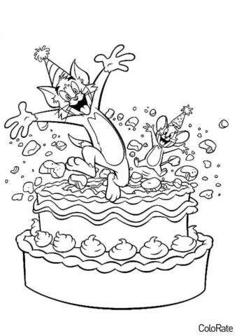 День Рождения распечатать раскраску на А4 - Том и Джерри празднуют День Рождения