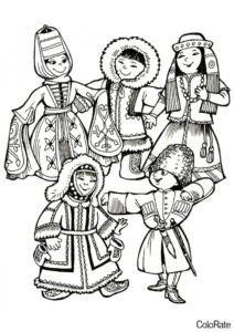 Распечатать раскраску Народы России - Национальные костюмы