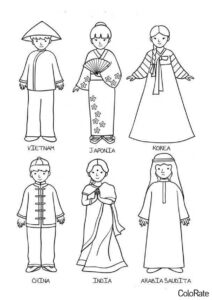 Национальные костюмы в разных странах (Национальные костюмы) распечатать раскраску