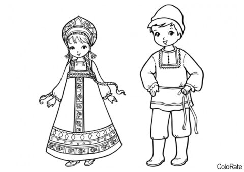 Русские дети в национальных костюмах (Национальные костюмы) разукрашка для печати на А4