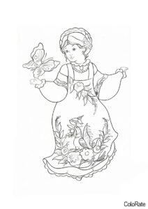 Городецкая роспись бесплатная раскраска - Девушка с бабочкой