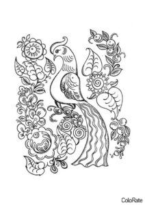 Узор с птичкой в Городецком стиле раскраска распечатать бесплатно на А4 - Городецкая роспись