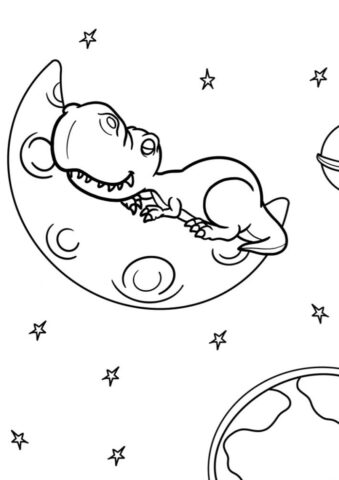 Динозаврик спит на месяце распечатать разукрашку бесплатно - Космос