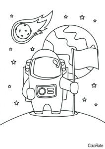 Бесплатная раскраска Космонавт водружает флаг распечатать на А4 и скачать - Космос