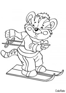 Тигрёнок на лыжах бесплатная раскраска - Тигры