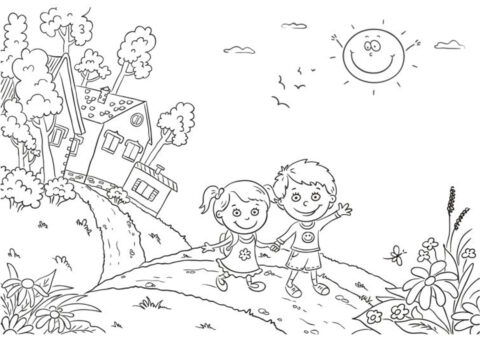 Раскраска Мальчик и девочка на тропинке распечатать на А4 - Окружающий мир