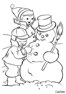 Раскраска Дети лепят снеговичка распечатать бесплатно