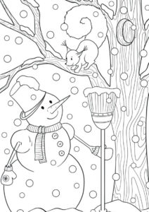 Раскраска Снеговик в лесу распечатать и скачать - Снеговик