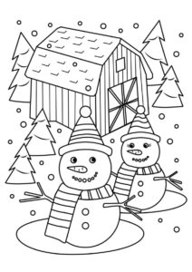 Раскраска Снеговички около амбара распечатать на А4 - Снеговик