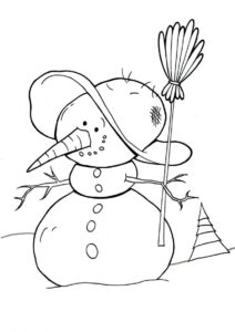 Снеговик распечатать раскраску - Снежная баба с метлой
