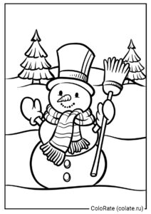 Бесплатная разукрашка для печати и скачивания Веселый снеговик с метёлкой - Снеговик