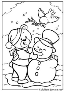 Медвежонок и снеговик распечатать раскраску - Снеговик