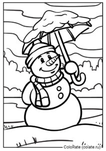 Снеговик распечатать раскраску - Снеговик с зонтиком