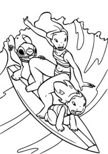 Компания друзей на доске для серфинга (Лило и Стич) раскраска для печати и загрузки