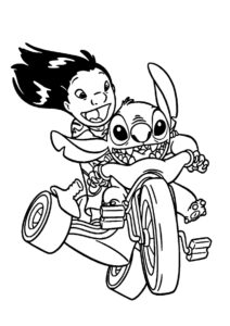 Бесплатная раскраска Лило и Стич на велосипеде распечатать на А4 и скачать - Лило и Стич