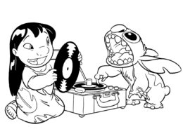 Лило и Стич со старым проигрывателем - Лило и Стич распечатать раскраску на А4