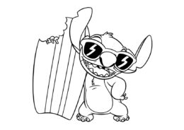 Лило и Стич бесплатная разукрашка - Стич с доской для серфинга